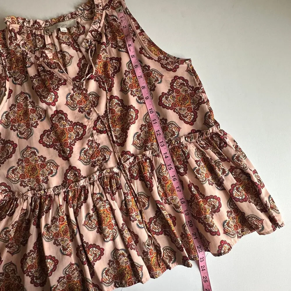 LOFT Peplum Tank Womens Medium Pink Medallion Satin Tiered Babydoll Ruffled Top